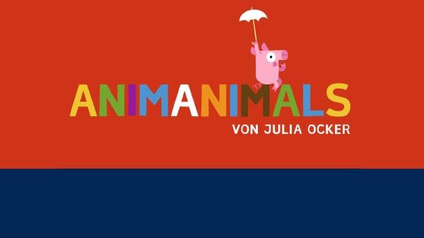 "Animanimals"-Logo in großen, bunten Buchstaben. Auf dem M sitzt ein Schwein mit Regenschirm in der Hand.