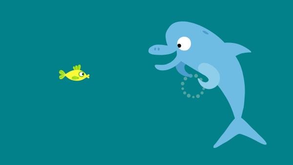 Der Delphin erklärt dem kleinen Fisch, was mit seiner Blase geschehen ist. | Rechte: KiKA/SWR/Studio FILM BILDER/Julia Ocker