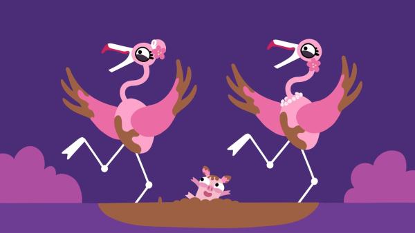 Die Flamingos und das Schweinchen haben großen Spaß. | Rechte: KiKA/SWR/Studio FILM BILDER/Julia Ocker