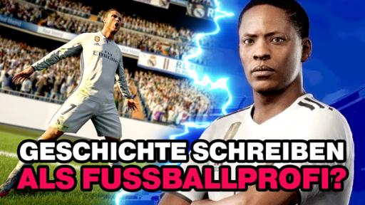 FIFA-Charakter Alex Hunter rechts und FIFA-Cristiano Ronaldo links in einem Torjubel. Darunter steht: Geschichte schreiben als Fußballprofi?