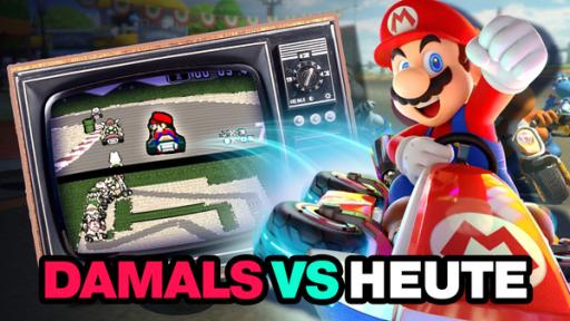 Mario im Kart in heutiger Optik rechts und in Retro-Optik auf einem alten TV-Gerät links. Darunter steht: Damals VS Heute.