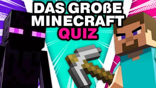 In der Mitte oben steht: Das große Minecraft-Quiz. Auf der linken Seite ist ein Enderman und rechts Steve mit Spitzhacke aus Minecraft zu sehen. 