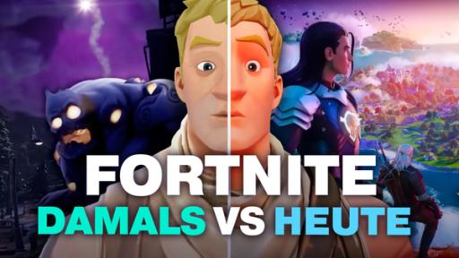 Fortnite Charakter in der Mitte. Eine Linie durchs Gesicht teilt ihn in eine alte und neue Grafikversion. Darunter steht: Fortnite Damals VS Heute.