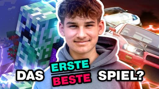 FIFA-Experte Junes grinst in die Kamera. Daneben ist Minecraft und Need for Speed Payback zu sehen. Darunter steht: Das erste/beste Spiel?