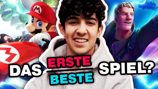 Mario Kart-Experte Lorian grinst in die Kamera. Daneben sind Mario und Jonesy aus Fortnite. Darunter steht: Das erste/beste Spiel?