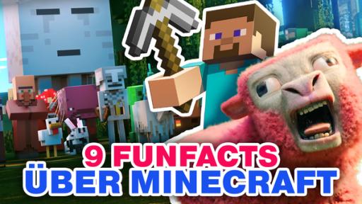 Verschiedene Figuren aus Minecraft sind versammelt. Rechts ist ein pinkes Schaf aus dem Minecraft-Film. Darunter der Text: 9 Funfacts über Minecraft.