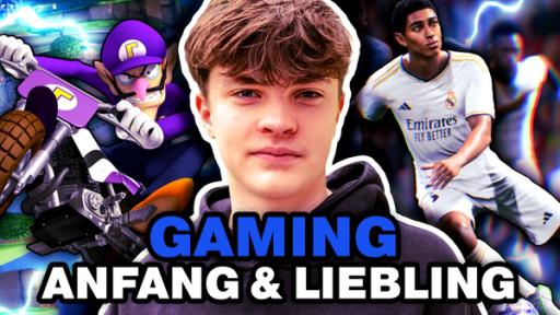 Fortnite-Experte Tim schaut in die Kamera. Neben ist Waluigi aus Mario Kart und ein Fußballer aus FiFA. Darunter steht: Gaming Anfang und Liebling.