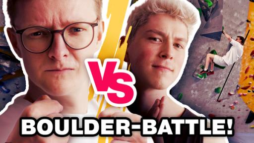 CastCrafter schaut verbissen und ballt die Fäuste. Neben ihm ragt Moderator Chris hervor, grinsend. Rechts sieht man CastCrafter klettern. Darunter steht: „Boulder Battle!“