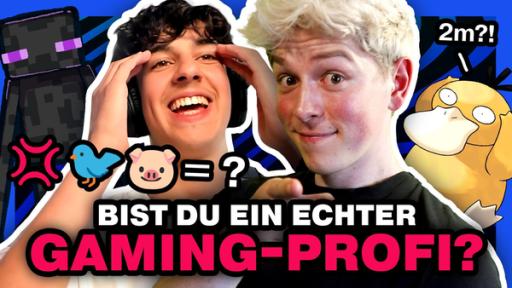 Chris und Lorian nebeneinander. Daneben das Pokémon Enton und ein Enderman aus Minecraft. Darunter der Text: Bist du ein echter Gaming-Profi?