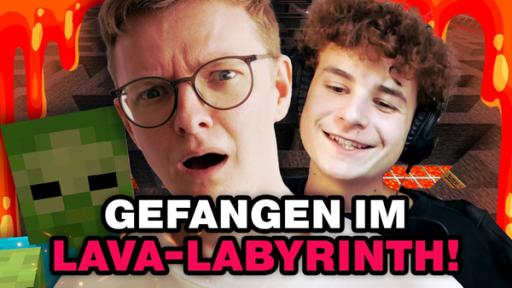 Streamer CastCrafter schaut schockiert. Daneben ein Minecraft-Zombie. Dahinter freut sich Iker. Darunter steht: Gefangen im Lava-Labyrinth.