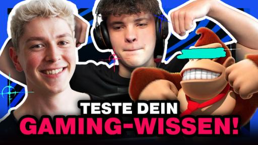 Chris und Tim nebeneinander. Rechts daneben Donkey Kong, der durch einen Balken über den Augen „anonym“ ist. Darunter steht: Teste dein Gaming-Wissen!