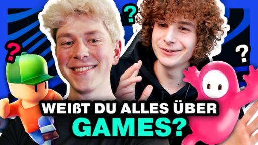 Chris und Iker nebeneinander. Links und rechts eine Figur aus Fall Guys und eine aus Stumble Guys. Darunter steht: Weißt du alles über Games?