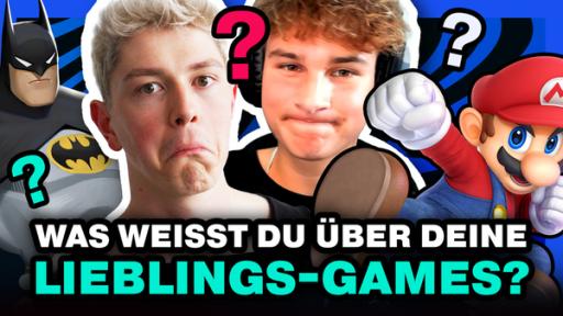 Chris und Junes nebeneinander. Rechts daneben Mario in Sprungposition und links Batman. Darunter steht: Was weißt du über deine Lieblings-Games?