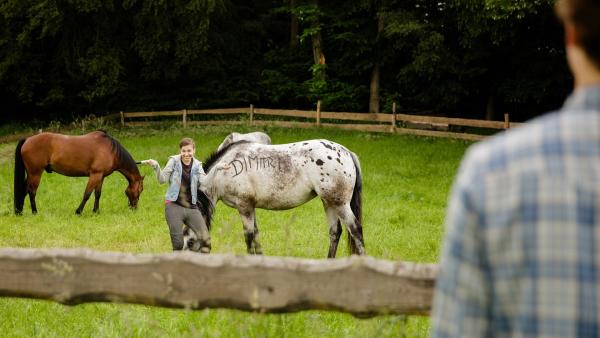 Jenny (Amina Merai) ärgert Dimitri (Matti Schmidt-Schaller), indem sie ein Pferd bemalt. | Rechte: WDR/Andrea Hansen