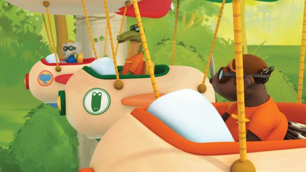 Badou, Dieter und Munroe fliegen in ihren Vollgasballons. | Rechte: KiKA/Nelvana Limited/TeamTO/TF1