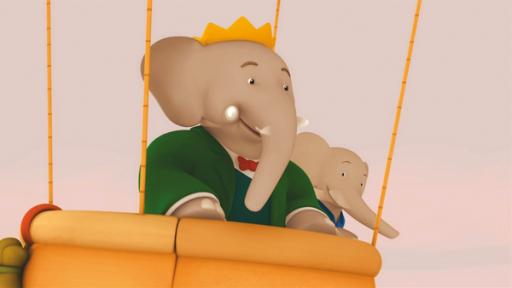 Babar und Badou fliegen mit dem Ballon durch die Lüfte.