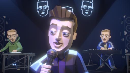 In der Mitte der Sänger der Band Disclosure, Sam Smith, mit Mikrofon in der Hand im Scheinwerferlicht. Zwei Bandmitglieder stehen an ihren Keyboards im Hintergrund.