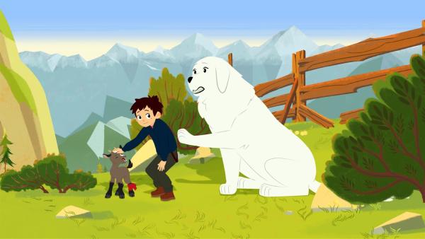 Sebastian (Mitte) tauft das kleine verletzte Zicklein (links) auf den Namen Söckchen. | Rechte: ZDF/Gaumont Animation/PP Animation III Inc.