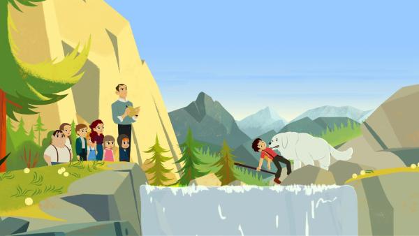 Sebastian (rechts) erklärt seinen Mitschülern die Natur und fällt dabei fast ins Wasser. | Rechte: ZDF/Gaumont Animation/PP Animation III Inc.
