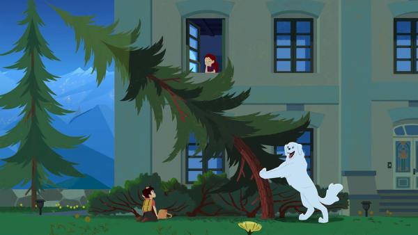 Belle (rechts) und Sebastian (links) holen Adèle (am Fenster) zum Murmeltiertag ab. | Rechte: ZDF/Gaumont Animation/PP Animation III Inc.