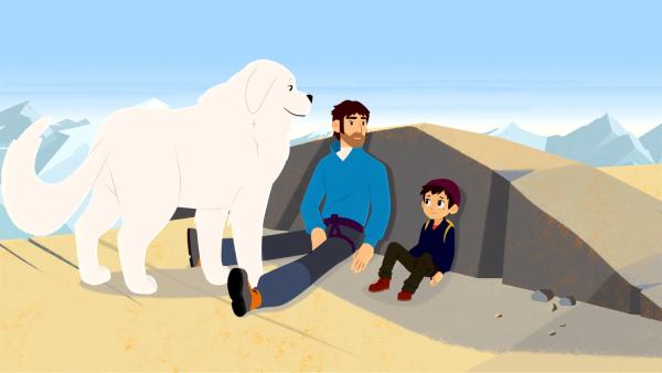 Belle (links) und Sebastian (rechts) haben dem Bergsteiger das Leben gerettet. | Rechte: ZDF/Gaumont Animation/PP Animation III Inc.