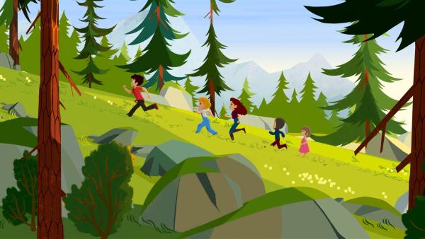 Die Kinder (von links nach rechts: Sebastian, Lynette, Adèle, Sören und Marie) rennen aufgeregt Belle hinterher. | Rechte: ZDF/Gaumont Animation/PP Animation III Inc.