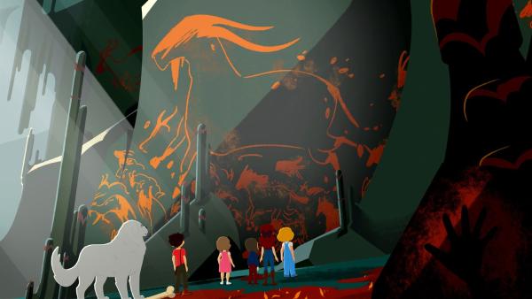 Sebastian (links) und seine Freunde haben eine wunderschöne Urzeithöhle in den Bergen entdeckt. | Rechte: ZDF/Gaumont Animation/PP Animation III Inc.