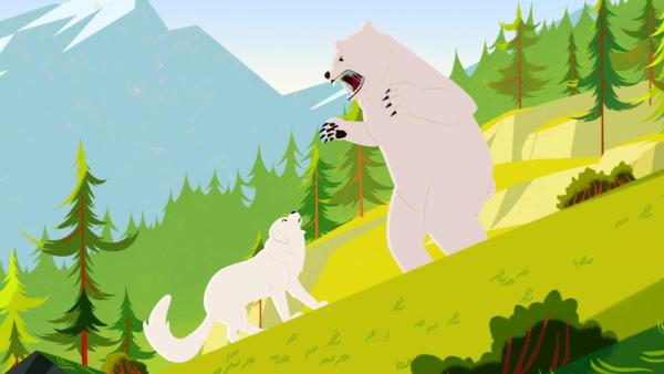 Belle (links) steht verängstigt vor einem großen weißen Bären, der sich ihr gegenüber aufbäumt. | Rechte: © 2017 Gaumont Animation, PVP Animation III Inc.- All rights reserved
