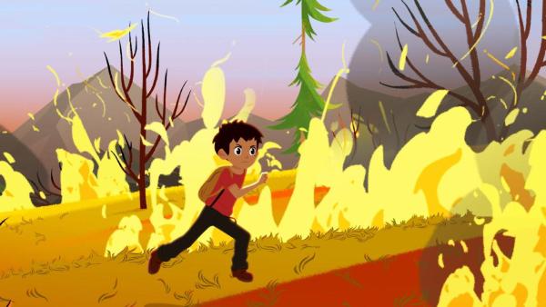 Sebastian rennt durch den Wald. Überall um ihn herum brennt es.  | Rechte: © 2017 Gaumont Animation, PVP Animation III Inc.- All rights reserved