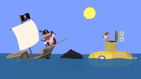 Pirat Rotbart ist mit Nanny Plum, Ben und Holly in Seenot geraten und schon ist der Elfen-Rettungsdienst zur Stelle.  | Rechte: ZDF/Astley Baker Davies Ltd/Rubber Duck Entertainment