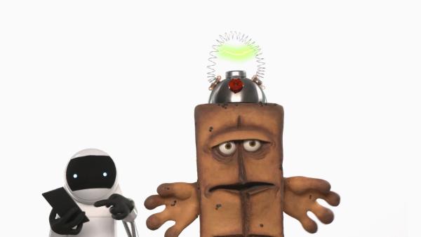 Mit Hilfe einer Sprachenlernapp versucht der Testroboter, Bernd Sprachen einzutrichtern. | Rechte: KiKA/bumm film