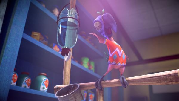 Pablo, der Papagei, tanzt verliebt auf seiner Stange.  | Rechte: KiKA/Studio 100 Media / Flying Bark