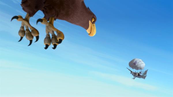 Beim Versuch mit Sugars selbstgebauten Flugboot eine Wolke nach Greenville zu ziehen, werden Blinky und seine Freunde von einem Adler angegriffen.  | Rechte: KiKA/Studio 100 Media / Flying Bark