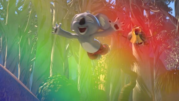 Blinky und Jacko wollen die Farben des Regenbogens probieren. | Rechte: KiKA/Studio 100 Media / Flying Bark