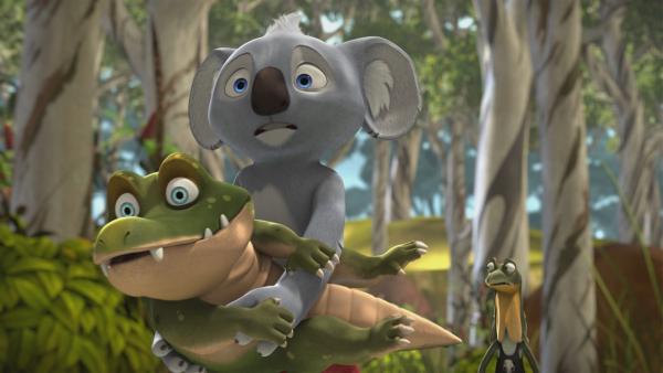 Blinky und Jacko finden ein Babykrokodil und glauben, in der Vergangenheit zu sein. | Rechte: KiKA/Studio 100 Media/Flying Bark