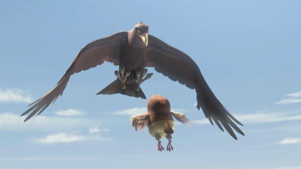 Kaum kann Whoogle fliegen, soll er einen Adler ablenken, der ihn, Blinky und Jacko angreifen will.   | Rechte: KiKA/Studio 100 Media / Flying Bark