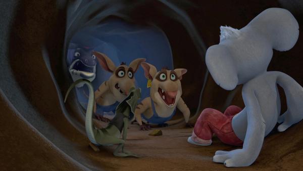 Cranky und seine Lakaien verfolgen Blinky und Jacko, um ihnen den Schatz wegzunehmen, wenn sie ihn gefunden haben. | Rechte: KiKA/Studio 100 Media / Flying Bark