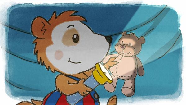 Mit einer Taschenlampe kann Bobo seinen Teddy in der Höhle anleuchten. | Rechte: JEP ANIMATION/WDR