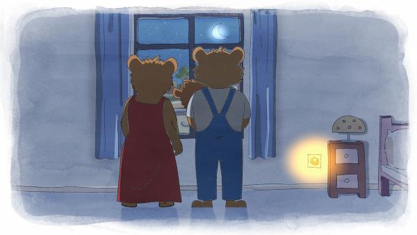Bobo und seine Eltern betrachten den Mond durch das Fenster. | Rechte: JEP ANIMATION/WDR