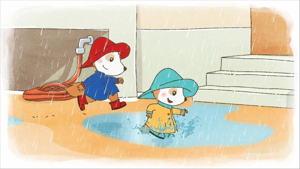 Auch im strömenden Regen haben Nora und Bobo viel Spaß zusammen. | Rechte: WDR/JEP ANIMATION