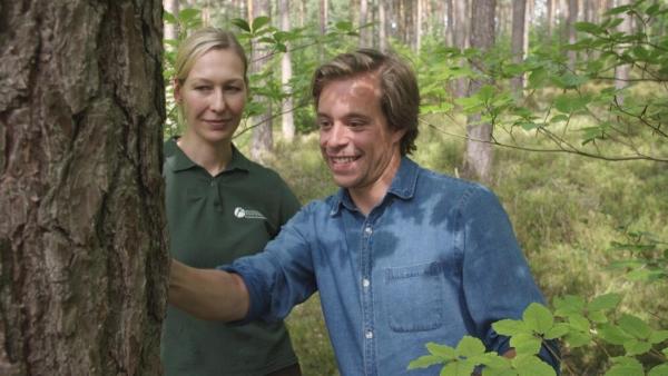 Der Wald-Check | Tobi und Försterin Marion markieren Bäume mit Sprühfarbe: Das zeigt, ob sie gefällt werden sollen oder weiter wachsen dürfen.