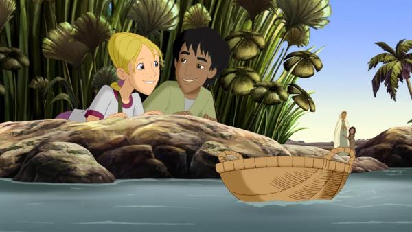 Cora und Habib sehen einen im Fluss treibenden Korb mit einem Baby darin. | Rechte: KiKA/Cross Media/Beta/Trickompany 2010