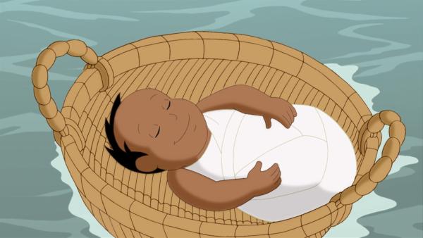 Ein Baby treibt in einem Korb den Fluss entlang. | Rechte: KiKA/Cross Media/Beta/Trickompany 2010