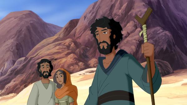 Moses ist auf dem Weg zum Gipfel des Berges Sinai, um die Gesetzestafeln von Gott zu empfangen. | Rechte: KiKA/Cross Media/Beta/Trickompany 2010