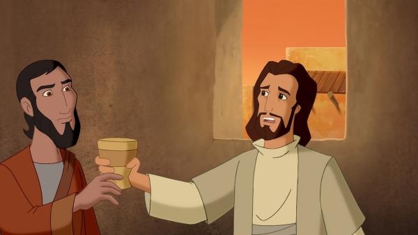 Jesus reicht seinem Jünger den Rotweinkelch zum letzten Abendmahl. | Rechte: KiKA/Cross Media/Beta/Trickompany 2010