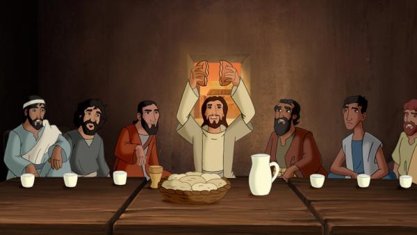 Jesus bricht das Brot für das letzte Abendmahl mit seinen Jüngern. | Rechte: KiKA/Cross Media/Beta/Trickompany 2010
