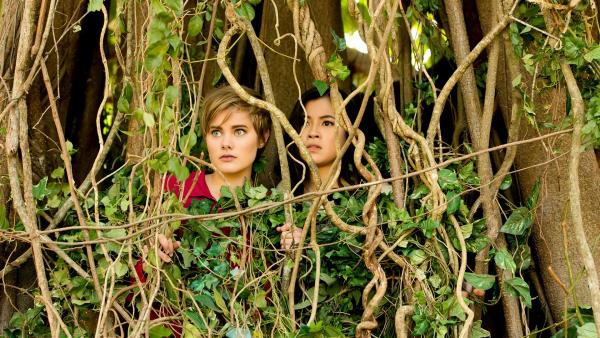 Imogen (Elizabeth Cullen links) und Kyra (Kimie Tsukakoshi rechts) haben den magischen Baum gefunden, sind aber von ihm gefangen worden, ehe sie ihn mit Zauberkraft beruhigen konnten. Nun müssen sie auf Hilfe warten. | Rechte: ZDF/Jonathan M. Shiff Productions/Screen Queensland