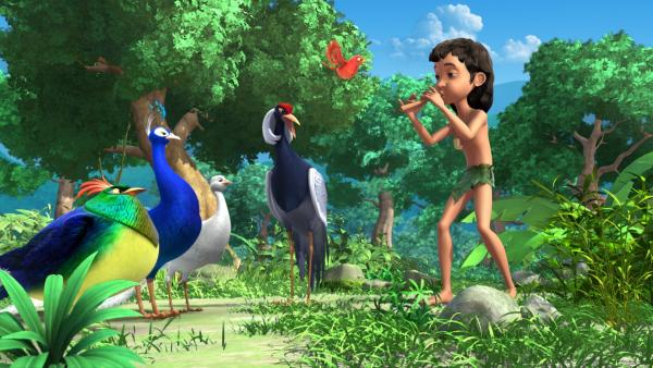 Mogli (r.) ist mit seiner Flöte und Darsi (m.) im Dschungel unterwegs, als er auf die vier großen Vögel trifft, die sich darum streiten, wer der Schönste von ihnen ist. | Rechte: ZDF/DQ Entertainment