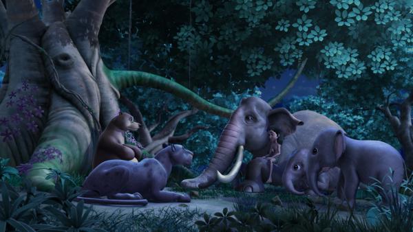 Baghira, Balu, Hathi und die Elefantenkinder (v.li.n.re.) sind gespannt, ob Mogli (4.v.li.) herausgefunden hat, wer das mutigste Tier im Dschungel ist. | Rechte: ZDF/DQ Entertainment