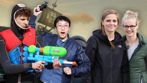 Das Zockerhaus: Finn-Luca und Lenny halten eine Wasserpistole während Soccer Anna und Anna gespannt schauen.